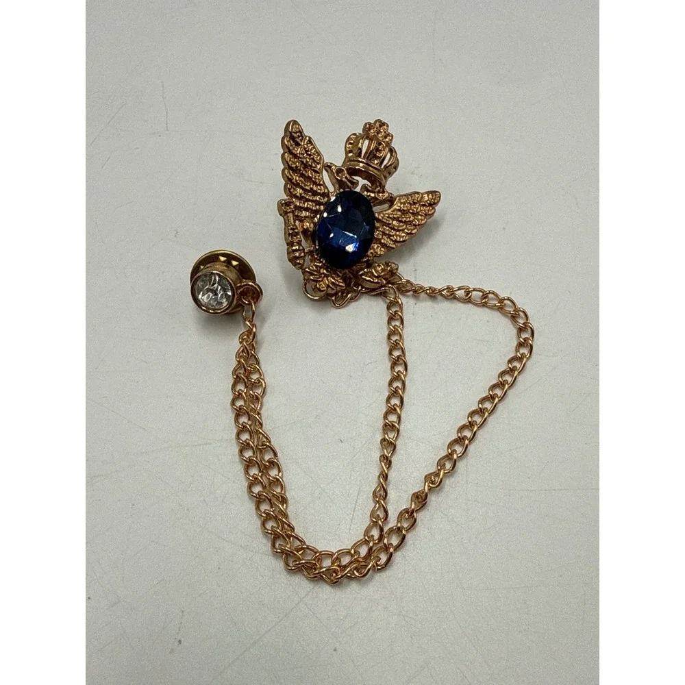 Gold Tone Double Headed Eagle Crown Lapel Pin Blue Stone Rhinestone Chain Brooch
